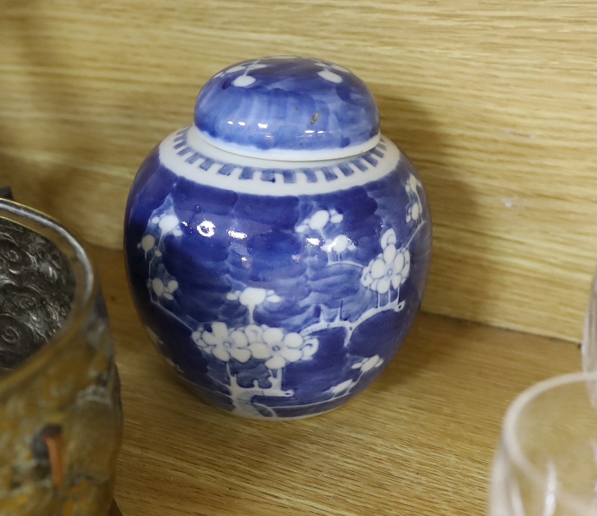 A Chinese blue and white planter, 10cm tall, together with a crackle glaze planter, a Chinese copper and brass jardiniere, a faux bronze type vase, a Chinese famille rose pedestal dish, 23cm, a Thai celadon dish, and a b